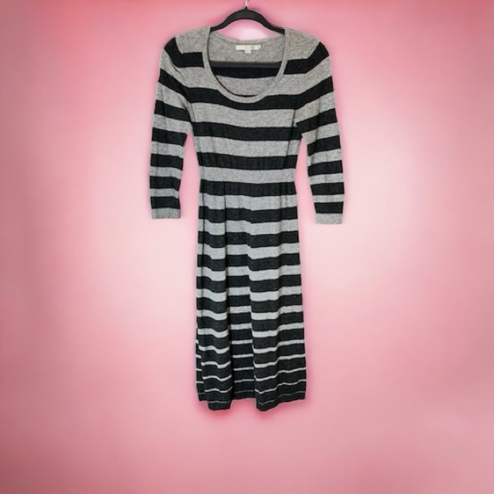 Boden Angora Blend Sweater Dress Gray Striped Midi Fitted 3/4 Sleeve Size 2R